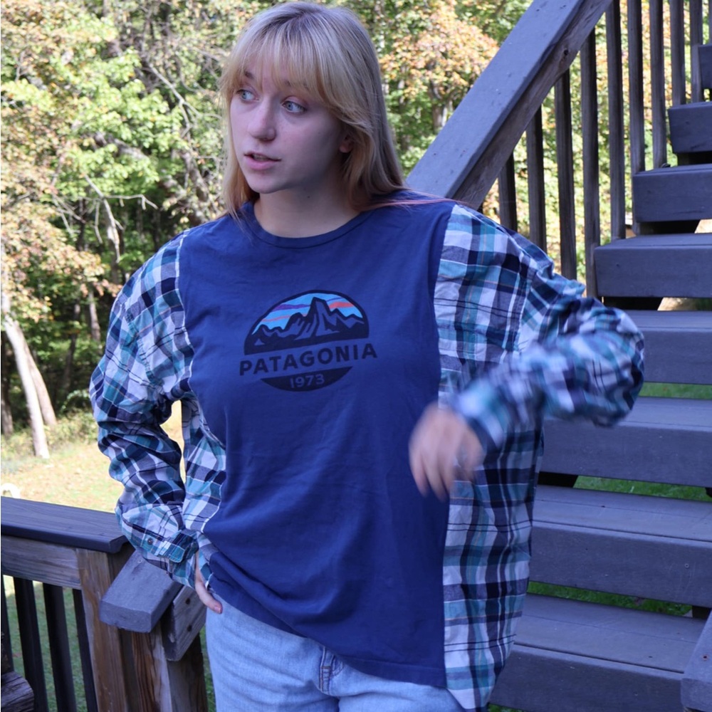 Patagonia Navy and Plaid Long Sleeve Shirt